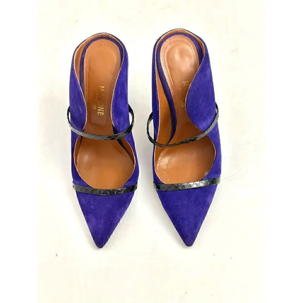 MALONE SOULIERS Maureen  Suede Black Leather Slide Pointed Toe Pump Heels